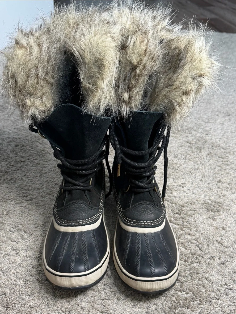 SOREL Joan of Arctic Waterproof Winter Boots 10.5 black tall fur lined lace up
